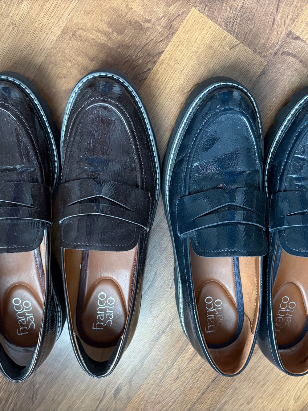 Franco Sarto women’s Patent Leather Penny Loafers in navy and burgundy